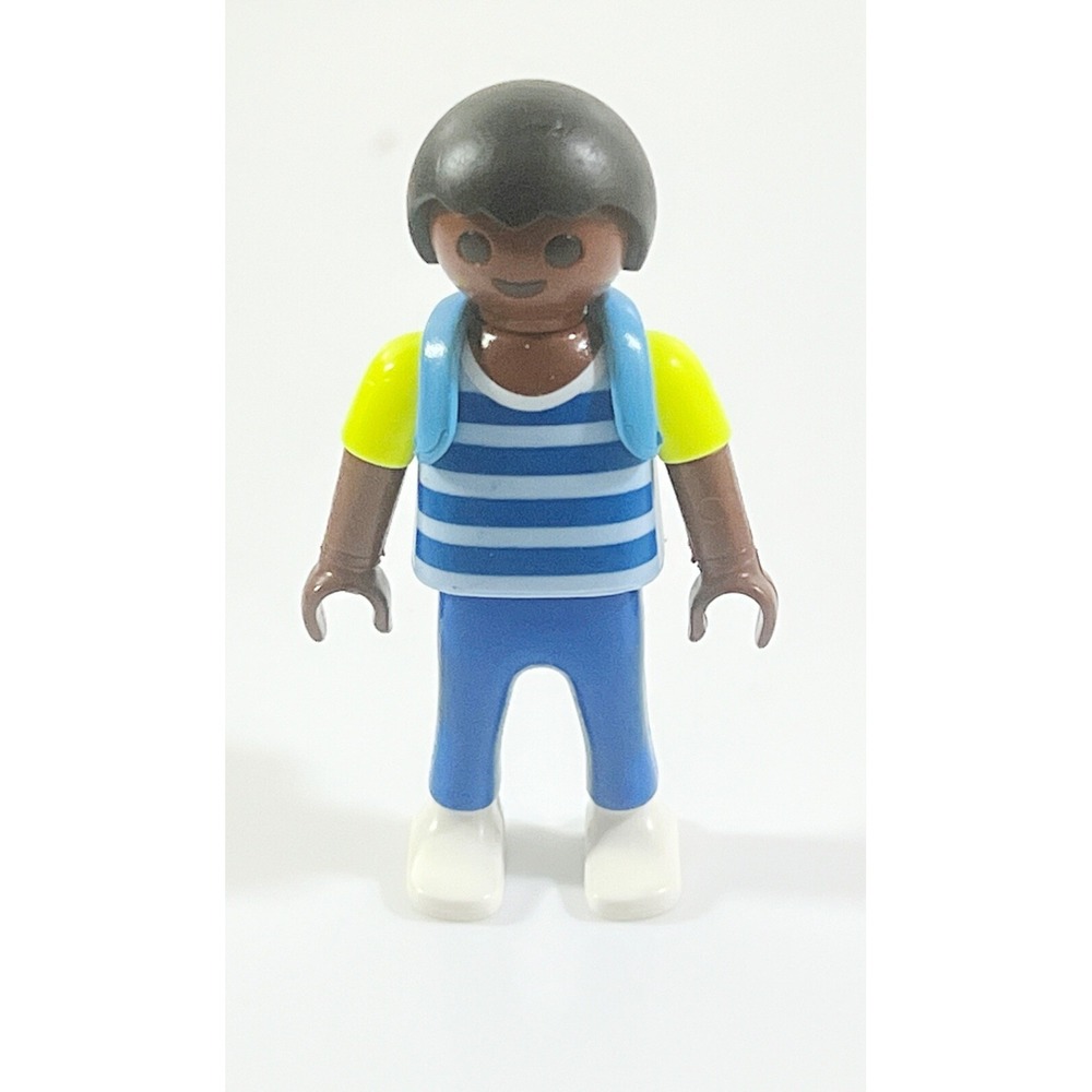 1995 PLAYMOBIL GEOBRA 2" PLASTIC FIGURE YELLOW BLUE STRIPES WITH BACKPACK